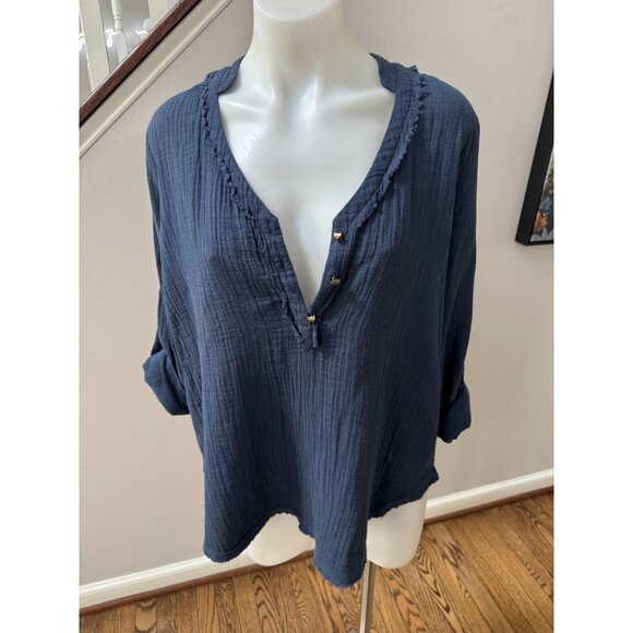ROI Navy Blue Cotton Gauze V Neck Oversized Top Blouse Size XS - Picture 1 of 5